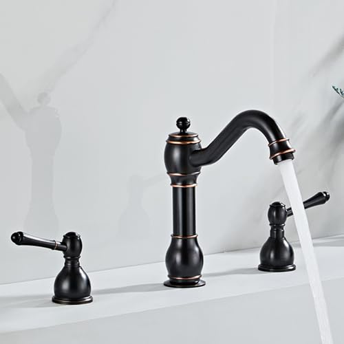 Robinet Lavabo 3 Trous Noir Ancien avec Bec Rotatif à 360 Degrés