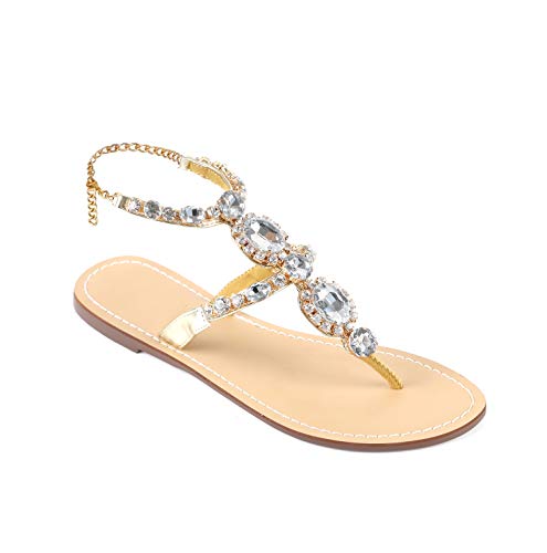 Image of ZhuLinFeng Women'S Rhinestone Gladiator Sandals Flat Wedding Sandals Gem Pearl Sparkling Bridal Bridesmaid Sandals Blue Bohemian Sandals