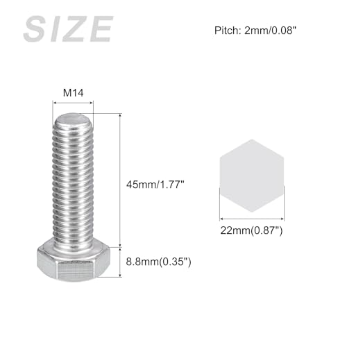Image of METALLIXITY Hex Bolts (M14-2x45mm) 2Pcs, 304 Stainless Steel Coarse Fully Threaded Hex Head Screw Bolt Machine Screws - for Furniture Repair, Silver
