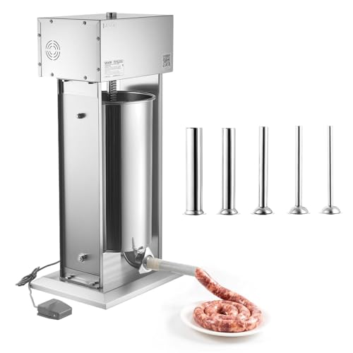 VEVOR Electric Sausage Stuffer, 55 LBS / 25 L Vertical Meat Stuffer, Stepless Speed Control and Foot Pedal, Stainless Steel Heavy Duty Sausage Filler with 5 Stuffing Tubes, for Commercial & Home Use
