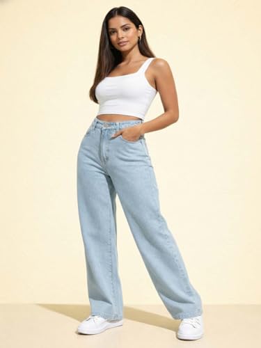 Image of KOTTY Women's High Waist Straight Fit Cotton Blend Denim Jeans|Comfortable Regular Length Casual Jeans for Women