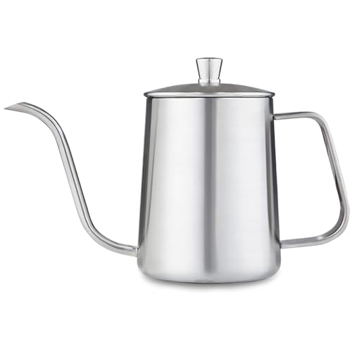 Gooseneck Pour Over - Bollitore da caffè 600 ml/21 oz in acciaio inox 304, beccuccio lungo, collo di cigno stretto di precisione, caldaia a goccia a mano, colore: argento