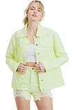 Khanomak Women's Distressed Spread Collar Long Sleeve Denim Jacket Neon Yellow Small