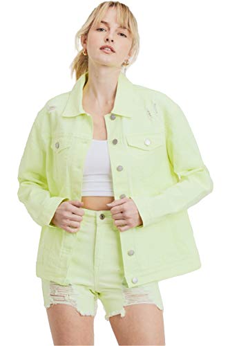 Khanomak Women's Distressed Spread Collar Long Sleeve Denim Jacket Neon Yellow Small #TOP4