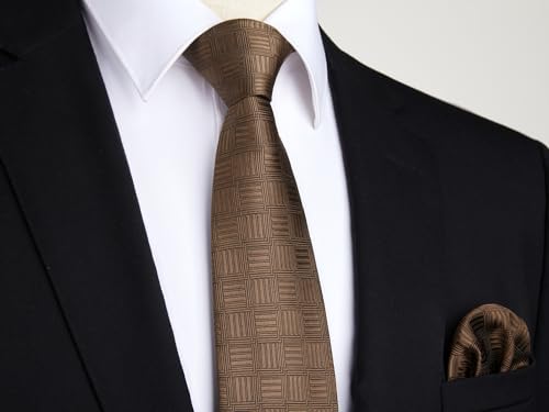 Image of Enlision Ties for Men Plaid Stripe Tie Handkerchief Woven Classic Formal Necktie Pocket Square Clip Set