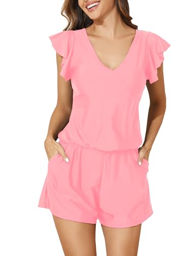 Image of Smismivo Swim Romper with Built in Bra and Pockets Swim Dress Modest One Piece Swimsuit Full Coverage Bathing Suit