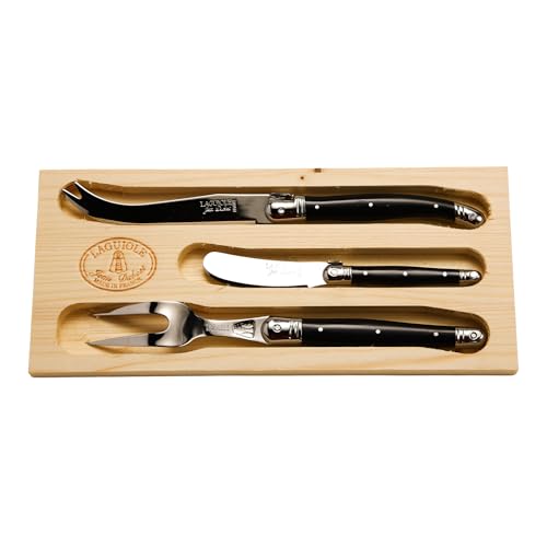 Jean Dubost Laguiole 3-Piece Cheese Knife Set, Black Handles - Rust-Resistant Stainless Steel - Includes Wooden Tray - Made in France
