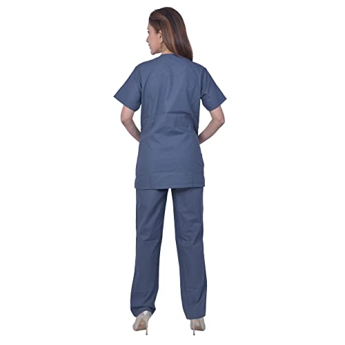 Image of UNISEX V-NECK POLYESTER COTTON MEDICAL SCRUB SUIT FOR DOCTORS (TOP AND BOTTOM) TRIPLE NEEDLE STITCH TOP WITH CHEST POCKET, DARK GREY, 40-L.