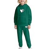 Sudadera con capucha para niños y niñas, con estampado de corazón, manga larga, sudadera suave para correr, conjunto completo de dos piezas para días escolares, deportes, Verde tirando a negro, 5-6
