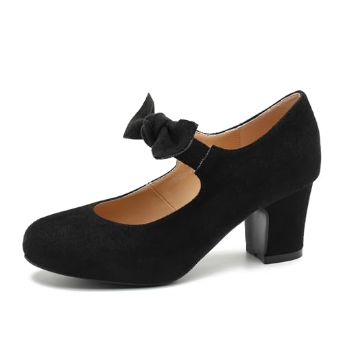 Women's Bow Heels Mary Jane Chunky Heels Pumps Closed Round Toe Comfort Low Block Heel Ankle Strap Wedding Dress Evening Party Shoes