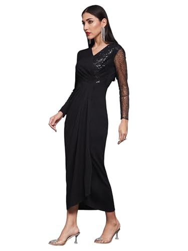 Image of Miss Chase Women's Round Neck Sleeve Embellished Fit Flare Maxi Dress