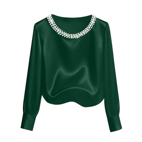 Women's Pearl Decor Silk Satin Tops Long Sleeve Crewneck Blouses Dressy Casual Business Work Shirts Green