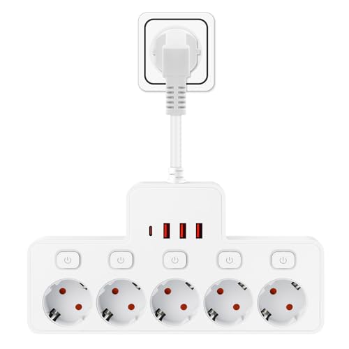 Pgtc Regleta de Enchufes con 5 Tomas, 2500W, 3 Puertos USB-A y 1 Puerto USB-C, Interruptores Individuales, Protección contra Sobrecargas, para Oficina y Hogar