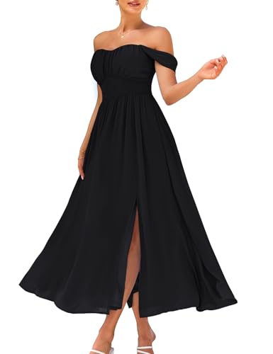 GRACE KARIN Summer Black Dress for Women 2026,Off the Shoulder Smocked Bridesmaid Dresses,Formal Baby Shower Maxi Dresses L
