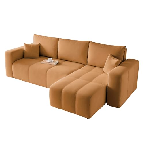 GREKPOL Canapé d'angle Convertible 145x248 à Gauche ou à Droite - Canapé 3 Places Convertible Jaune Moutarde avec Espace de Rangement