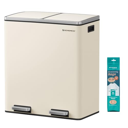 SONGMICS Poubelle à Double Compartiment 2 x 30 L, avec 15 Sacs Poubelles, Pédales en Métal, 2 Seaux Intérieurs en Plastique, Couvercles, Poignées, Fermeture en...
