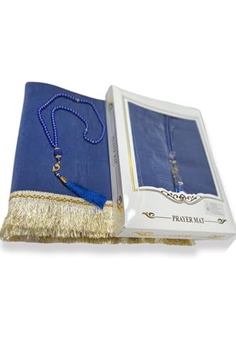 Safwa® Muslim Cadeaux – Coffret Cadeau Islamique avec Tapis de Prière en Velours & Chapelet Élégant – Idéal Ramadan, Aïd, Mariage, Dhikr, Conversion Cadeau Religieux pour Homme Femme (Bleu)