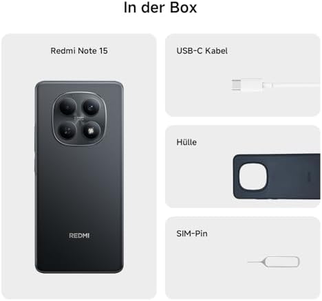 XIAOMI Redmi Note 15 Smartphone (8+256 GB) – 6000-mAh-Akku, wassergeschützt, 108-MP-Kamera, 6,77" FHD+ Display, Schwarz, 2 Jahre Garantie