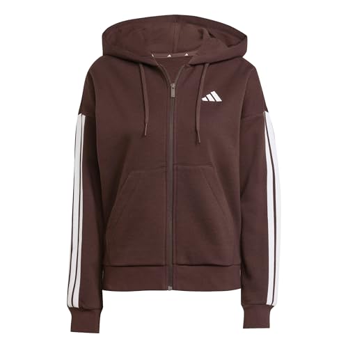 adidas Damen Essentials 3-Stripes Full-Zip Fleece Hoodie, Shadow Brown/White, L