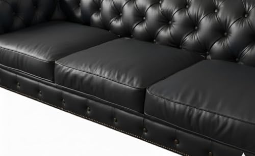 Image of Classic Leatherette Chester Sofa Set Button Tufted, Classic Style Sofa Set 3-Person Sofa for Living Room, Office, and Hallway Colour (Black Leatherette, 3+1+1= 5 Seater Sofa)
