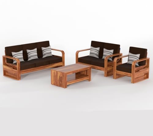 Image of Solid Sheesham Wooden 6 Seater Sofa Set for Living Room | Sofa Set with Side Pocket Storage & Cushion | Rosewood Sofa Set for Home (Honey with Brown Cushion, 6 Seater)