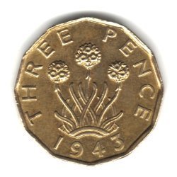 1943 Great Britain U.K. England Three Pence Coin KM#849