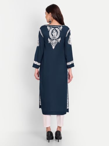 Image of indiankala4u Women's Hand Embroidered Chikankari Kurta for Women | Modal Cotton Straight Kurti | Lucknowi Chikan Work Ethnic Kurta | Full Sleeve Festive Office Wear