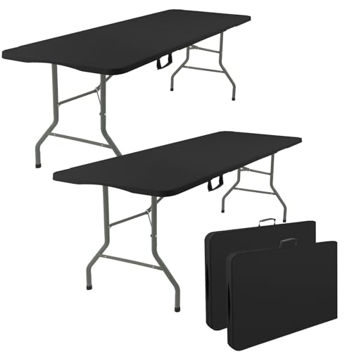 Fivenl 2 Pack 6 Feet Portable Folding Table Black Steel Legs Fold-in-Half with Carrying Handle Rectangular Plastic Foldable Table for Party Wedding Camping Picnic Dining Indoor Outdoor Events