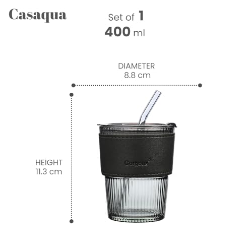 Image of Glass Coffee Sipper Mug with Leather Grip, Clear Drinking Glasses Tumblers with Straws and Lids for Iced Tea, Juice, Cocktail, Smoothies Drinks Cups (400ML, Pack of 1)