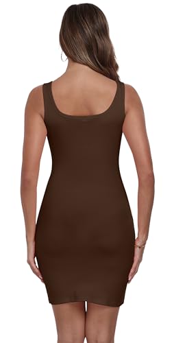 Image of Qaffier Summer Dresses for Women Sexy Mini Dress Ribbed Knit Fitted Square Neck Bodycon Party Club Tank Dresses