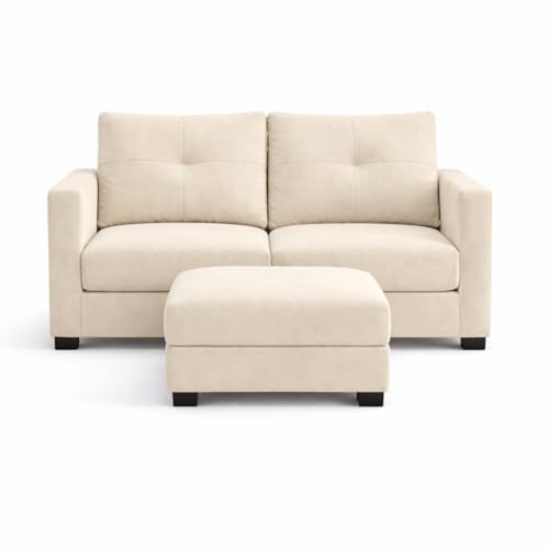 Image of FURNY Heritage 2 Seater Fabric Sofa Set with 1 Ottoman (Cream) with Velvet Finish | Durable Comfort | Ideal for Living Room