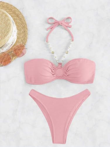 SISKIN Bikini Sets for Women, High Waisted Bandeau Ring Linked Bathing Suit Ruched Burst Halter Textured Two Piece Swimsuits3