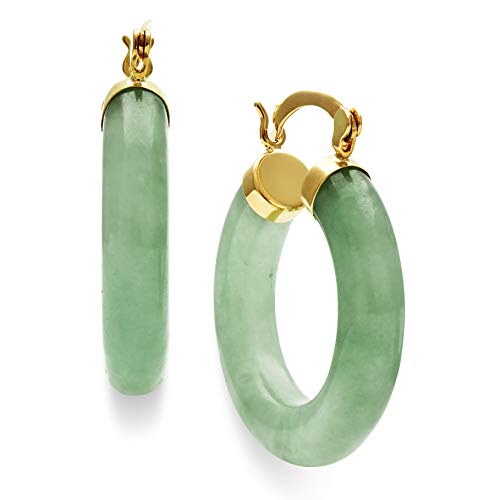 Belacqua Natural Green Jade Hoop Earrings in 14K Yellow Gold, Hinge and Notched Post, 1'' Diameter, Classic Jewelry for Women, Gift Box Included
