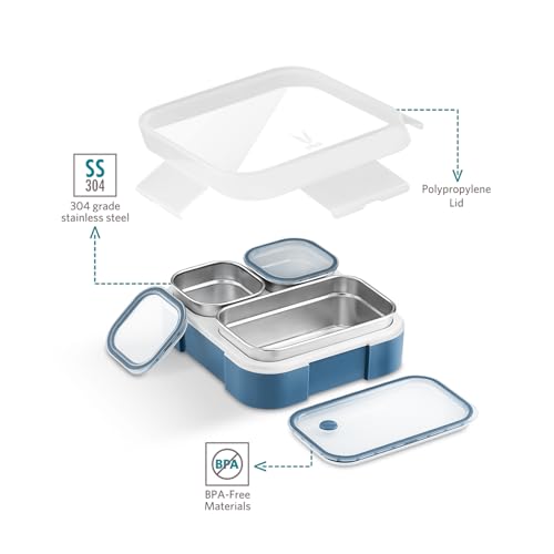 Image of VAYA Tydbyt Stainless Steel Lunch Box for Kids & Boys, 650ml, 3 Steel Containers & Lids, No Mix-Up Tiffin Box, School Bento Box, Blue