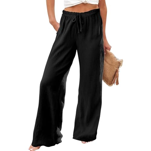 Cotton Linen Pants Women Plus Size, Summer Drawstring Fashion Vacation Trousers High Waisted Outfits Slacks Wide Leg