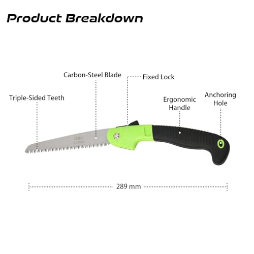 Image of Deli DL580618 9 inch Folding Saw with 65Mn Steel Blade ABS Handle 3-Sided Grinding Teeth Secure Lock Handsaw for Pruning Gardening Camping Wood Cutting Tree Branch (Pack of 1,Green & Black)