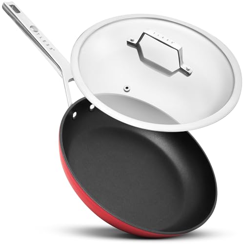 TLESS® Pfanne mit Deckel backofengeeignet Ø 28 cm | Bratpfanne & Universalpfanne für Induktion | sehr widerstandsfähig & spülmaschinenfest | beschichtete Pfanne in Rot | Jetzt Testen