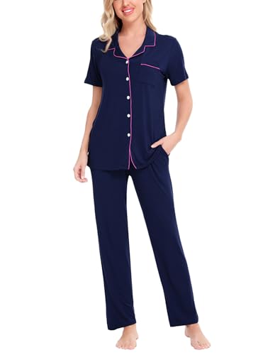 Image of SWOMOG Women Pajama Sets Two-Piece Nightwear Short Sleeve Sleepwear Button Down Pj Lounge Sets with Long Pants