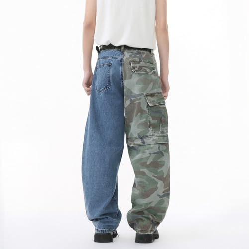 Men's Denim Jeans Patchwork Color Block Multi-Pocket Relaxed Street Style American Casual Pants for Men4