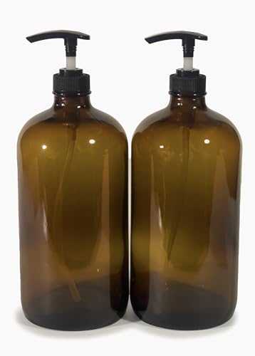 Vivaplex, 2, Large, 32 oz, Empty, Amber Glass Bottles with Black Lotion Pumps