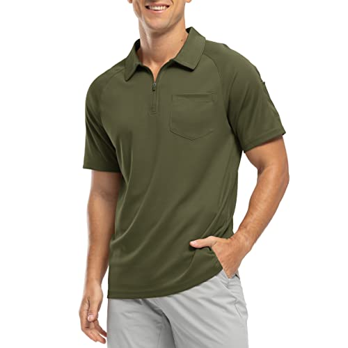 Rdruko Mens Polo Shirt 1/4 Zip Neck Short Sleeve Summer Quick Dry Polyester T Shirts Smart Casual Hiking Golf Tennis Tops with Pocket Army Green L