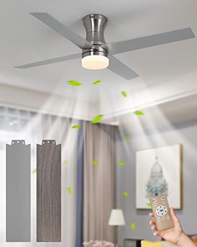 Flush Mount Modern Ceiling Fans With LED Lights and Remote Control,52 Inch Low Profile Ceiling Fan with Lights,4 Blade,6 Speed,Noiseless Reversible DC Motor,Brushed Nickel