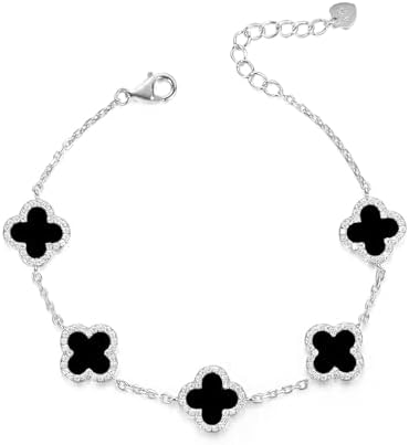 Evensee Black Clover Bracelet 925 Sterling Silver,Four Leaf Clover with 5 Onyx Charms Bracelets,Adjustable Hand Jewelry Chain,Luxury Birthday Gifts Mothers Day Gifts for Women