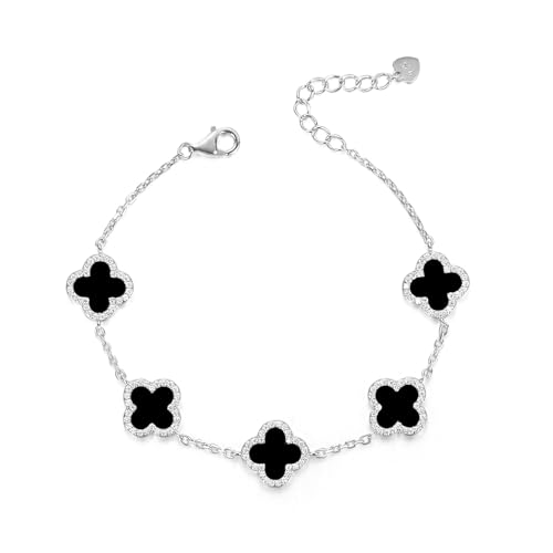 Evensee Black Clover Bracelet 925 Sterling Silver,Four Leaf Clover with 5 Onyx Charms Bracelets,Adjustable Hand Jewelry Chain,Luxury Birthday Gifts Mothers Day Gifts for Women