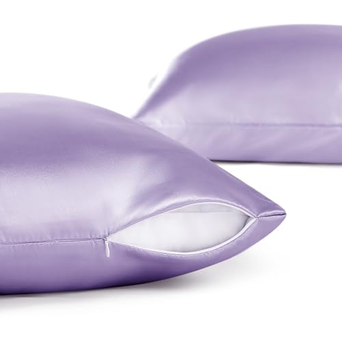 Image of Bedsure Satin Pillowcase with Zipper, Pillow Cases Queen Size Set of 2 | Similar to Silk Pillow Cases 2 Pack, Silky & Soft Pillow Covers for Hair and Skin, Gifts for Women, Lavender, 20x30 Inches