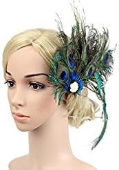 HXINFU 1920s Peacock Feather Hair Clip Pin Gatsby Flapper Headband Fascinator