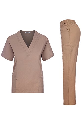 MedPro Women's Unisex Solid Medical Scrub Set V-Neck Top and Cargo Pants Khaki XL
