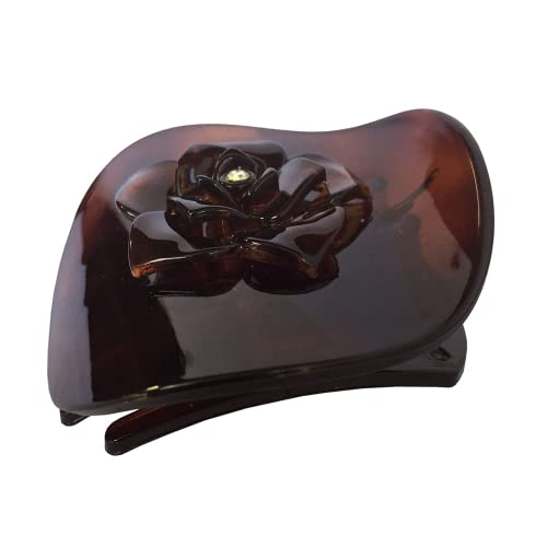 Parcelona French Onde Crystal Flower Shell Brown Round Celluloid Side Slide in Beak Style Hair Slider Claw Clip 2 3/4 Inch