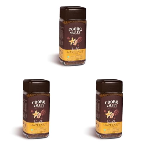 Image of Coorg Valley Vanilla Hazelnut Instant Coffee 50g | Flavoured Coffee | Premium Blend of Robusta & Arabica | Freeze Dried | Make Cafe Style Hot & Cold Coffee at Home (Pack of 3)