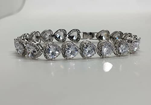 Animas Jewels 10 Ct Heart Link Bracelet For Women's Created Diamond 14K Real White Gold Over Sterling Silver Sizable (7") #TOP1